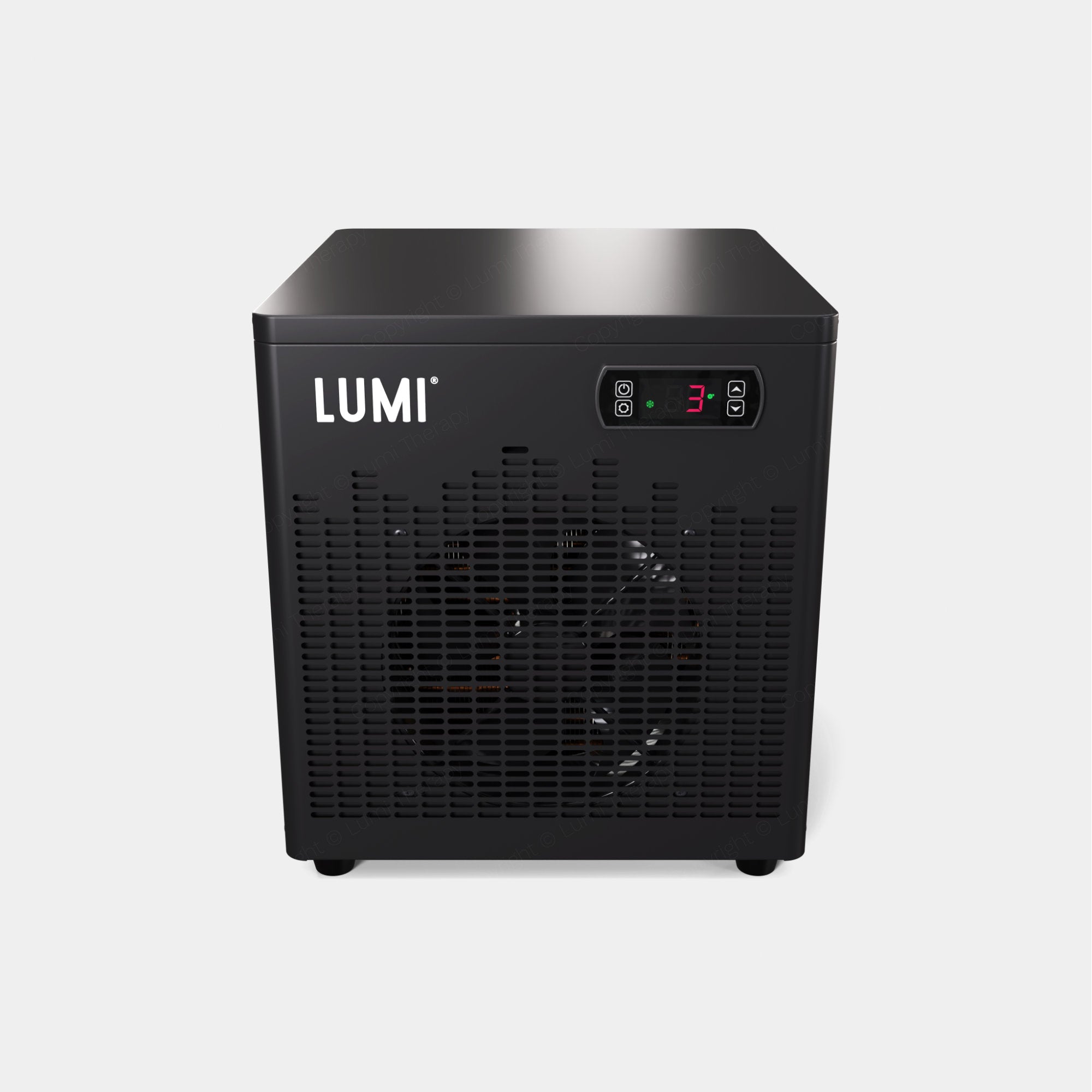 LUMI Cube Chiller portable cooling unit featuring sleek black design with LED display panel, ventilation grilles, and compact cube-shaped construction for ice bath temperature control and cold therapy applications