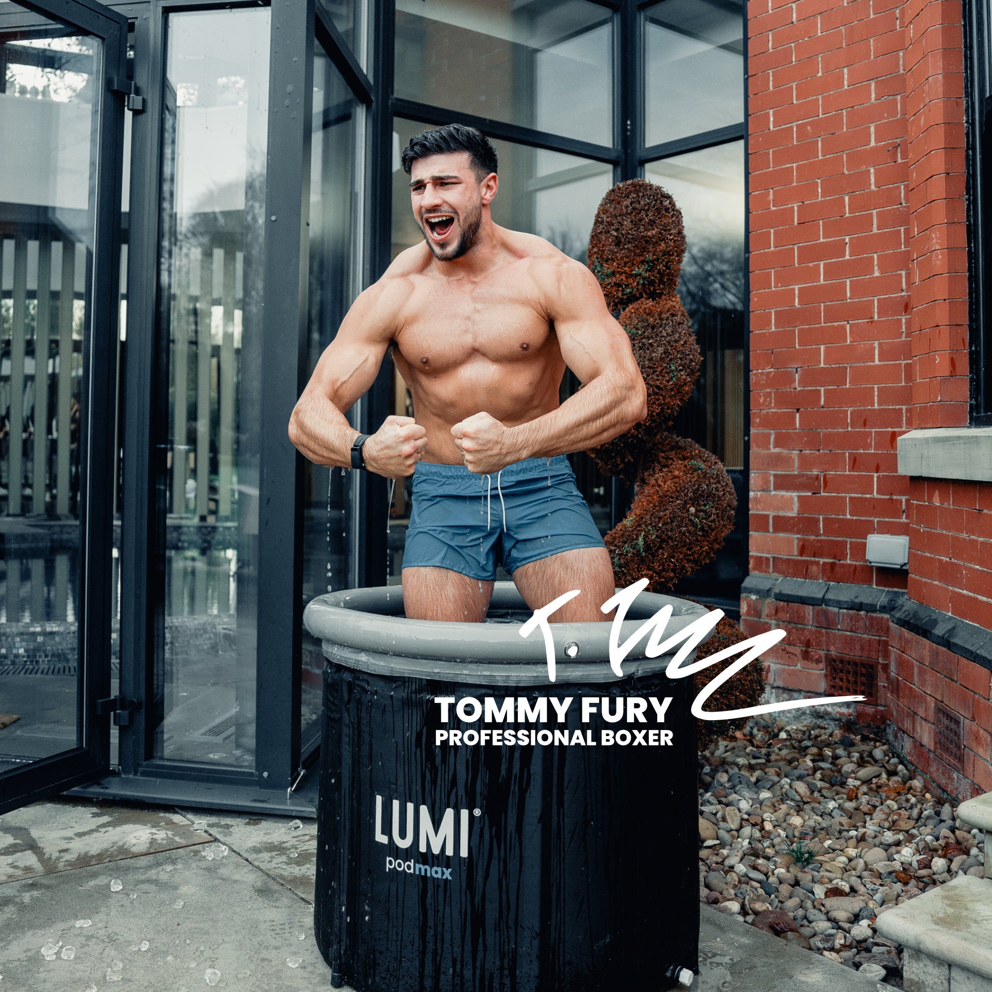 Professional boxer Tommy Fury using a LUMI Recovery Pod MAX ice bath for Cold Water Therapy.