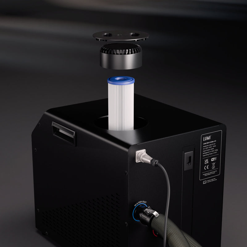Product image of the rear of the LUMI Mini Chiller 2, showing the top water filter and housing.