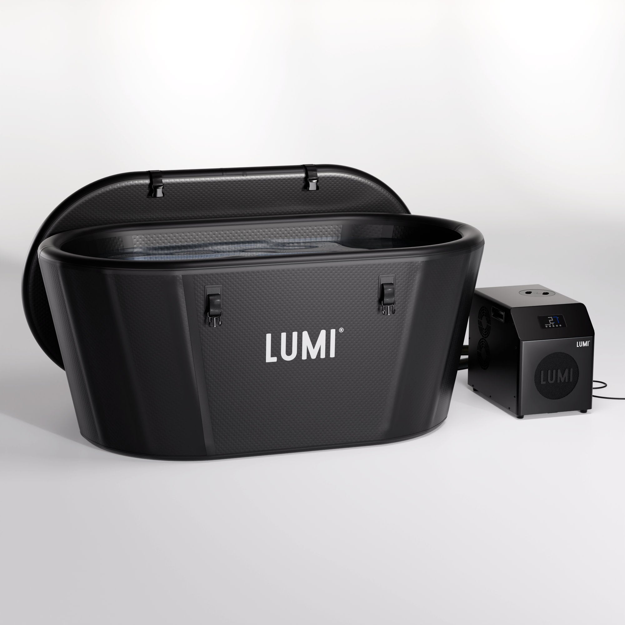 LUMI Pro Duo Ice Bath with Mini Chiller 2 showing sleek black design for advanced cold therapy and recovery sessions