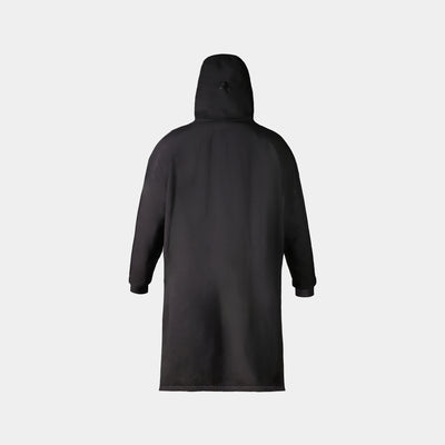 PRO DUO Changing Robe in Black, shown from back view featuring full-length design with hood, long sleeves, and waterproof exterior. Nordic-style outdoor changing robe with sleek silhouette and practical design elements.