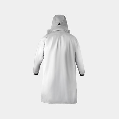 PRO DUO Changing Robe in Grey shown from back view, featuring a full-length design with hooded collar, long sleeves with contrast cuffs, and a relaxed fit silhouette in light grey waterproof material