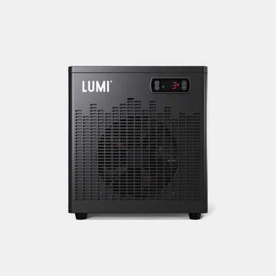 LUMI Recovery Ultra + Cube Chiller: Sleek black compact chiller unit with digital temperature display and ventilation grid pattern, featuring LUMI branding and modern cooling technology for precise ice bath temperature control.