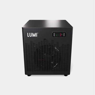 LUMI Cube Chiller portable cooling unit featuring sleek black design with LED display panel, ventilation grilles, and compact cube-shaped construction for ice bath temperature control and cold therapy applications