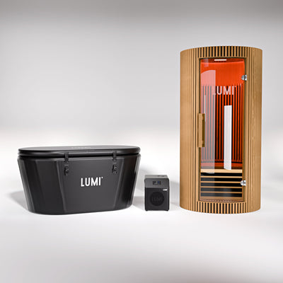 The LUMI Pro Duo ice bath with the LUMI Mini Chiller 2 and LUMI Sauna PRO
