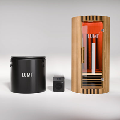 The LUMI Pro 8 ice barrel with the LUMI Mini Chiller 2 and LUMI Sauna PRO