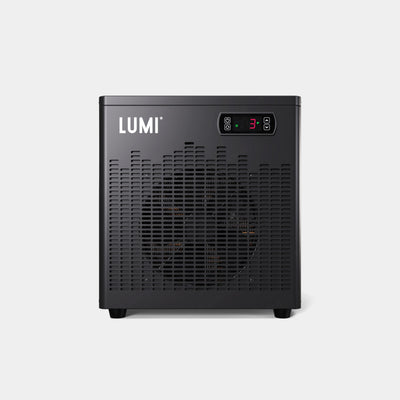 LUMI Cube Chiller portable cooling unit with digital temperature display and ventilation grille, shown in sleek black design. Compact ice bath chiller system featuring advanced cooling technology and weather-resistant construction for optimal cold therapy performance.