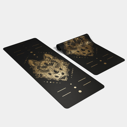 Eco Wolf Yoga Mat - Gold Edition features a striking black mat with metallic gold wolf head design, alignment markers, and grip dots. Premium 4mm thick mat shown in full length and close-up views displaying intricate geometric wolf artwork.