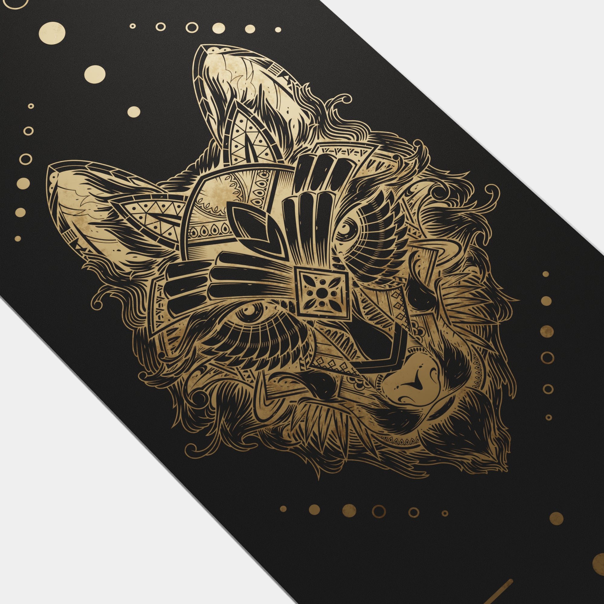 Eco Wolf Yoga Mat - Gold Edition featuring an intricate golden wolf head design with geometric patterns and ornate details on a black background. The artistic illustration includes decorative dots, flowing lines, and mandala-inspired elements creating a mystical, premium appearance.