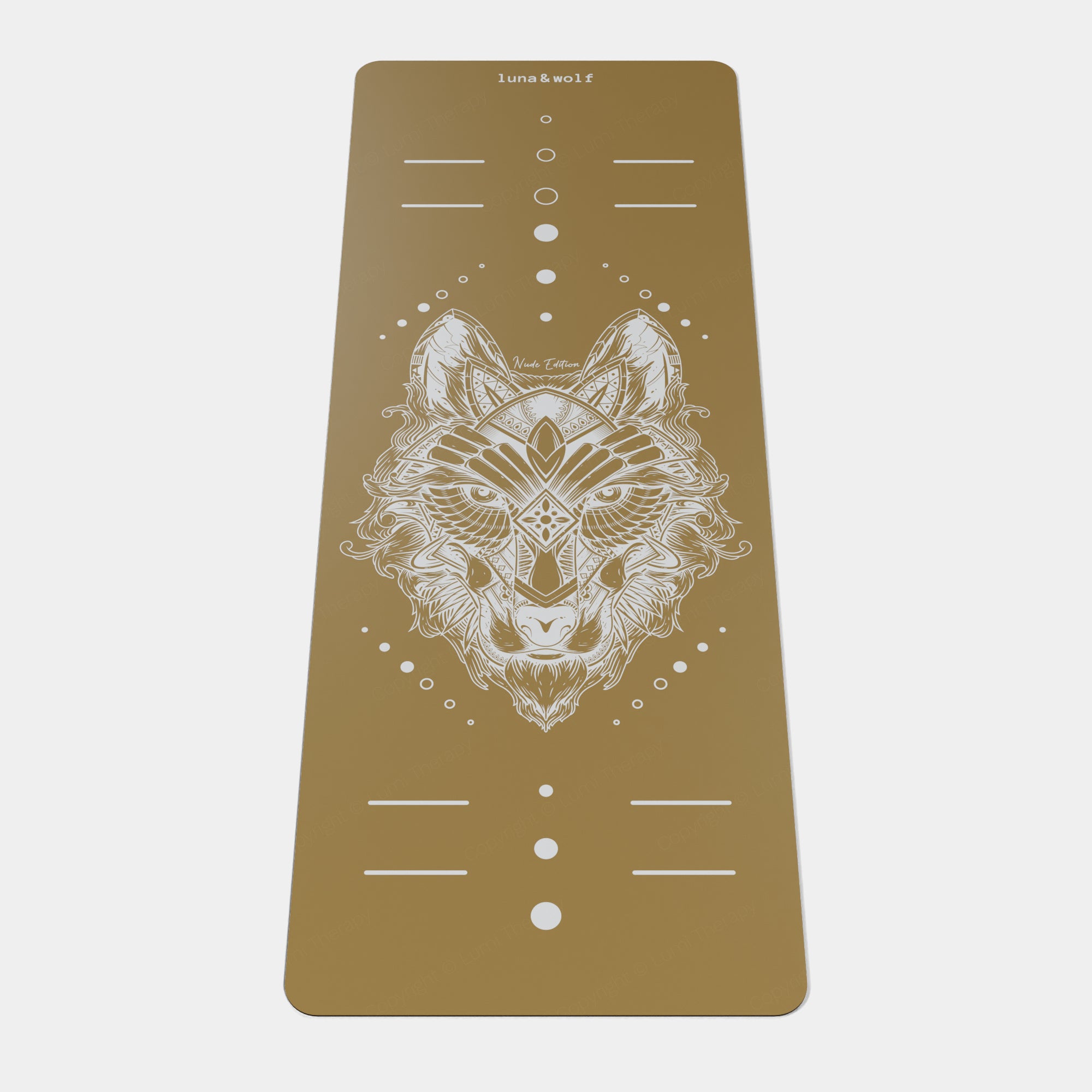 Eco Wolf Yoga Mat - Nude Edition featuring an elegant white geometric wolf head design with alignment markers on a warm earth-toned background. Premium non-slip yoga mat with circular position guides and minimalist Luna & Wolf branding.