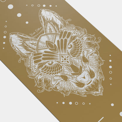 Eco Wolf Yoga Mat - Nude Edition featuring an intricate white wolf head illustration with ornate geometric patterns and flowing details on a warm sand-colored background, surrounded by delicate circular elements and artistic flourishes.