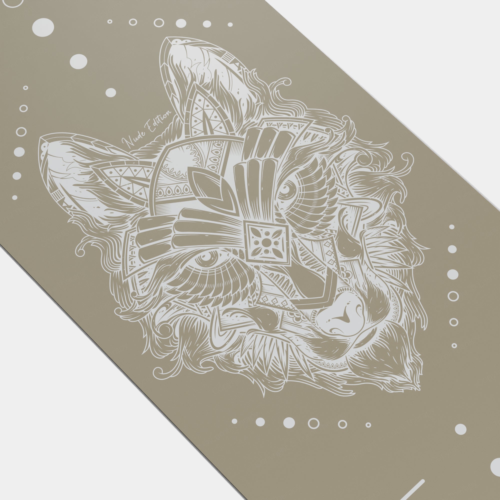 Eco Wolf Yoga Mat - Nude Edition featuring an intricate white wolf illustration with geometric and floral patterns on a soft beige background, surrounded by delicate circles and decorative elements in an artistic mandala-style design.