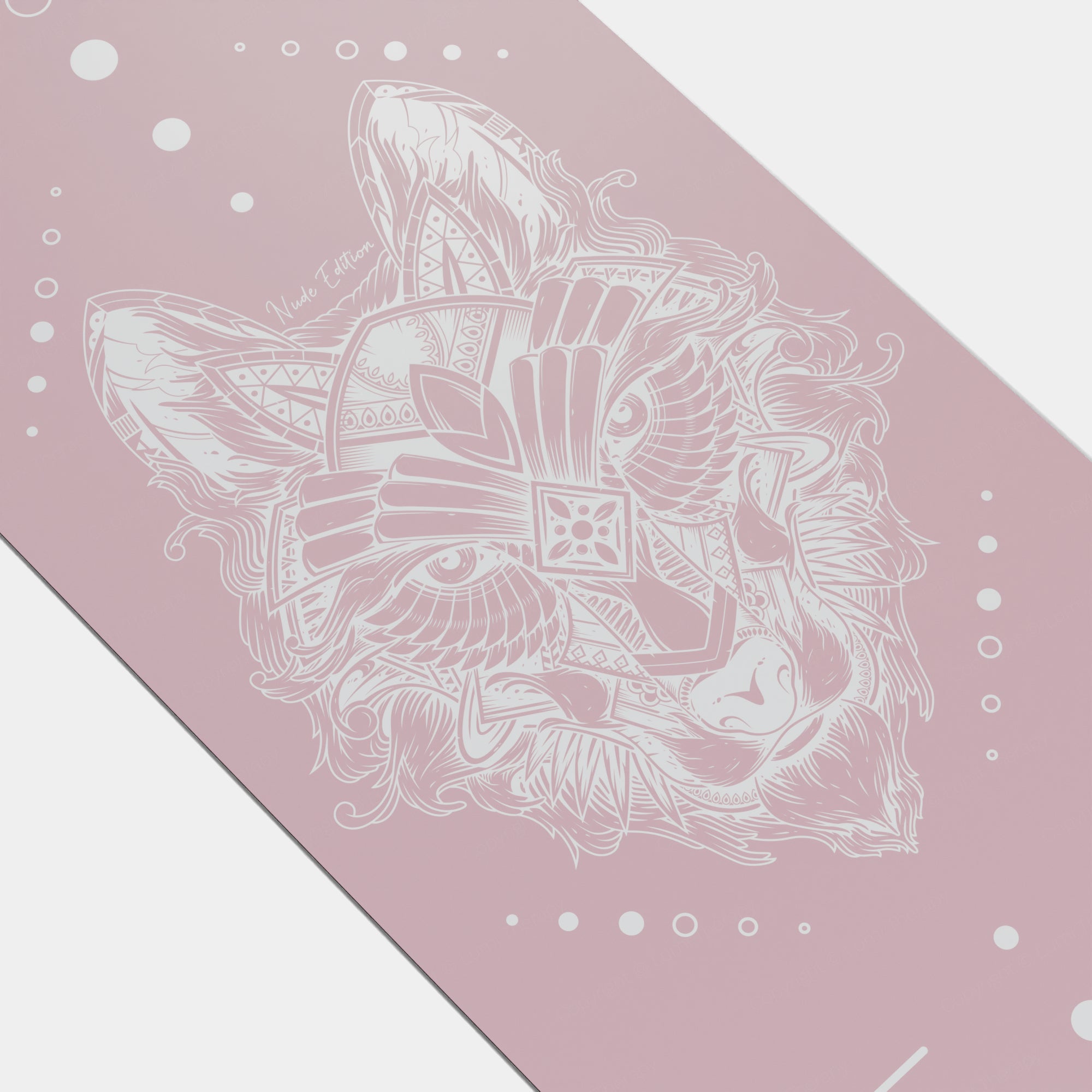 Eco Wolf Yoga Mat - Nude Edition featuring an intricate white wolf illustration with ornate geometric patterns and flowing details on a soft dusty pink background, surrounded by delicate circular elements creating a serene, nature-inspired design.