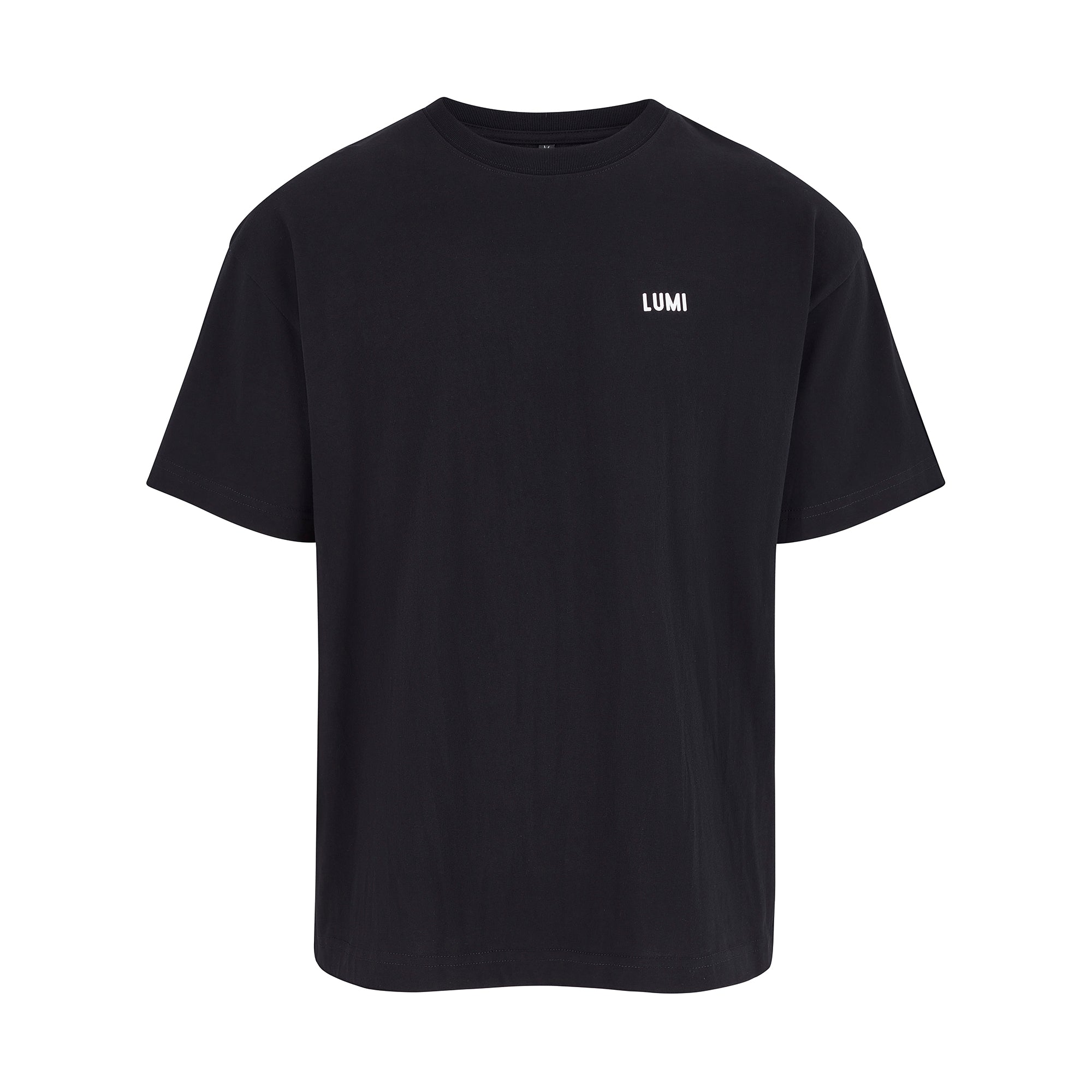 Men's LCC Oversized T-Shirt Black featuring a minimalist design with small LUMI logo on chest and relaxed fit. Premium 230gsm heavyweight cotton construction with paneled details and LUMI Cold Club graphic on back. Classic black colorway perfect for versatile styling.