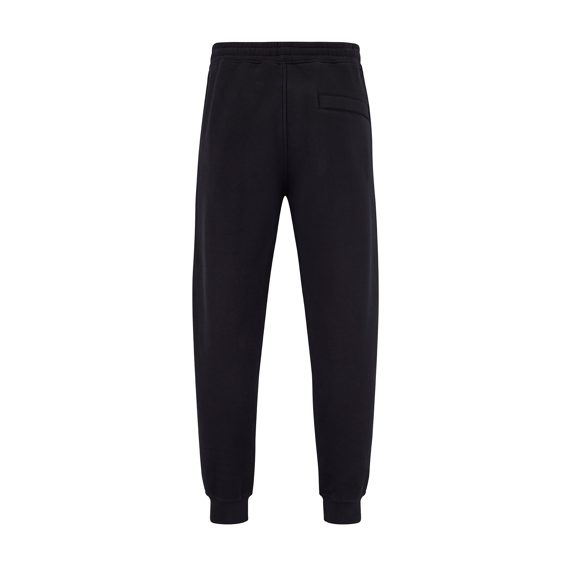 Men's LCC Sweatpants Black featuring heavyweight cotton-polyester blend fabric with elastic waistband and cuffed ankles, displayed in relaxed fit against white background, showing raised rubber LUMI logo and back pocket detail.