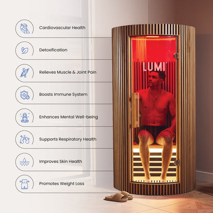 LUMI Sauna PRO infrared sauna with cylindrical Hemlock wood design showcasing health benefits including cardiovascular health, detoxification, muscle relief, and immune support. Features modern curved glass door emitting red infrared light, displayed alongside eight wellness benefit icons.