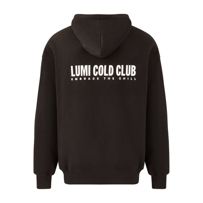 Unisex LCC Oversized Hoodie Black featuring white LUMI Cold Club text design on back, shown in flat lay view with ribbed cuffs and adjustable hood. Premium black cotton-polyester blend hoodie with minimalist streetwear aesthetic.