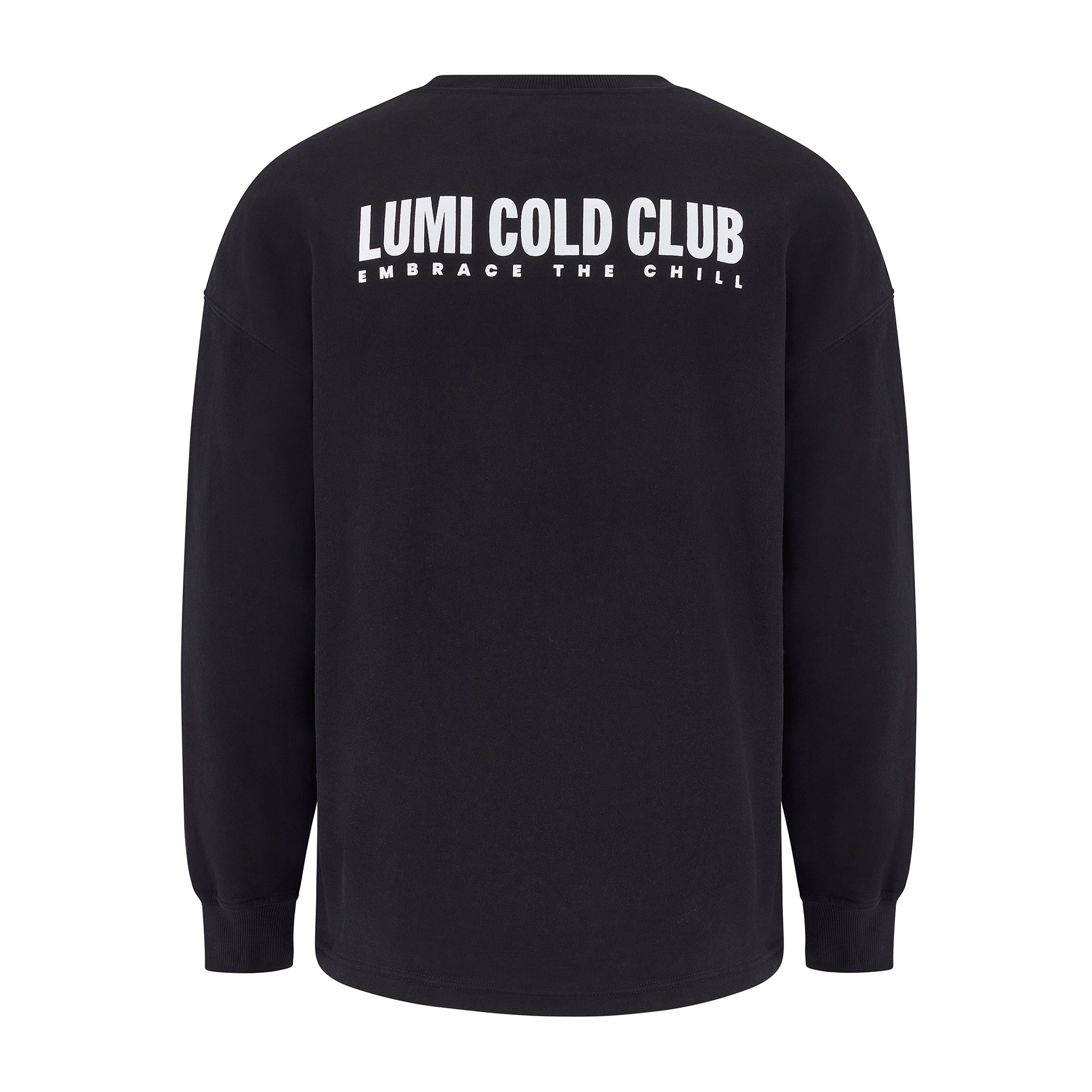 Unisex LCC Oversized Sweatshirt Black featuring white LUMI COLD CLUB text across back, heavyweight cotton-polyester blend sweatshirt shown in back view with ribbed cuffs and hem, perfect for post-ice bath comfort and casual wear