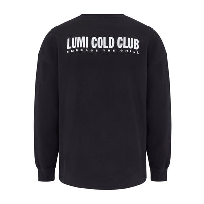 Unisex LCC Oversized Sweatshirt Black featuring white LUMI COLD CLUB text across back, heavyweight cotton-polyester blend sweatshirt shown in back view with ribbed cuffs and hem, perfect for post-ice bath comfort and casual wear