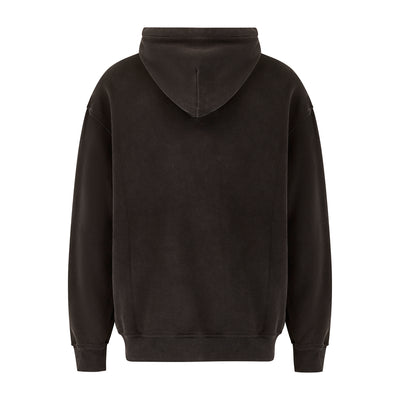 Unisex LUX Oversized Hoodie Black Wash shown from back view, featuring a relaxed fit silhouette with dropped shoulders, ribbed cuffs, and an adjustable hood in a vintage black wash finish. The cotton blend hoodie displays a minimalist design with clean lines and casual comfort.