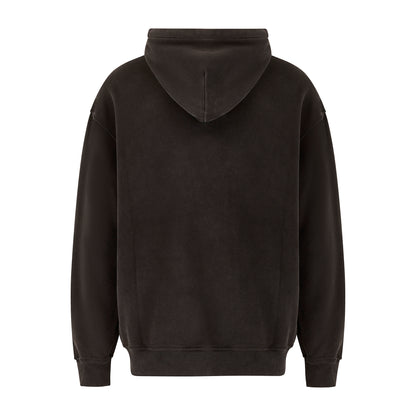 Unisex LUX Oversized Hoodie Black Wash shown from back view, featuring a relaxed fit silhouette with dropped shoulders, ribbed cuffs, and an adjustable hood in a vintage black wash finish. The cotton blend hoodie displays a minimalist design with clean lines and casual comfort.