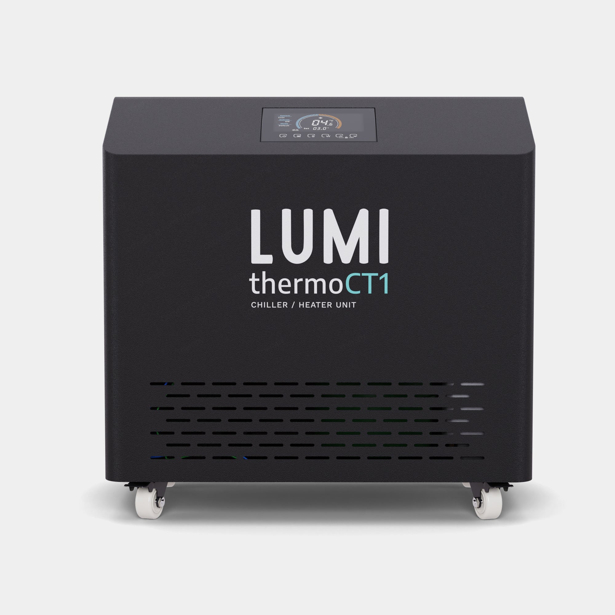 Thermo CT1 Chiller/Heater Refurbished unit in matte black finish with LUMI branding, featuring ventilation slots and mobile wheels. Compact design for temperature control between 3C and 42C, ideal for personal ice bath systems.