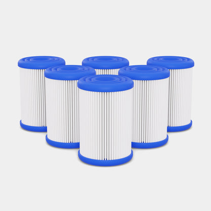 Six Thermo CT1/CT2 replacement filters arranged in a triangle formation, featuring white pleated filter cartridges with bright blue end caps, designed for LUMI ice bath chillers to maintain water purity and cleanliness