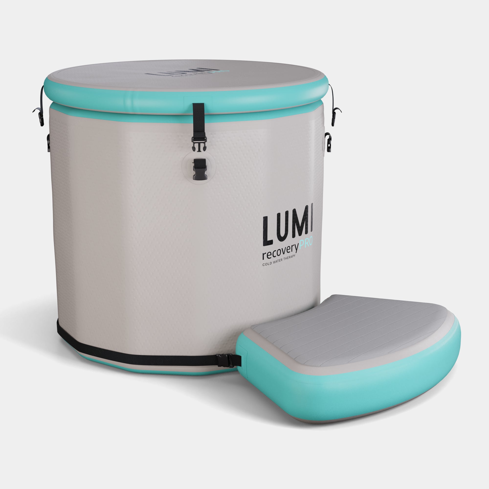 PRO Barrel Step shown with LUMI Recovery ice barrel, featuring a gray and turquoise inflatable design with non-slip surface, positioned beside the main barrel unit against white background, demonstrating its complementary aesthetic and practical purpose