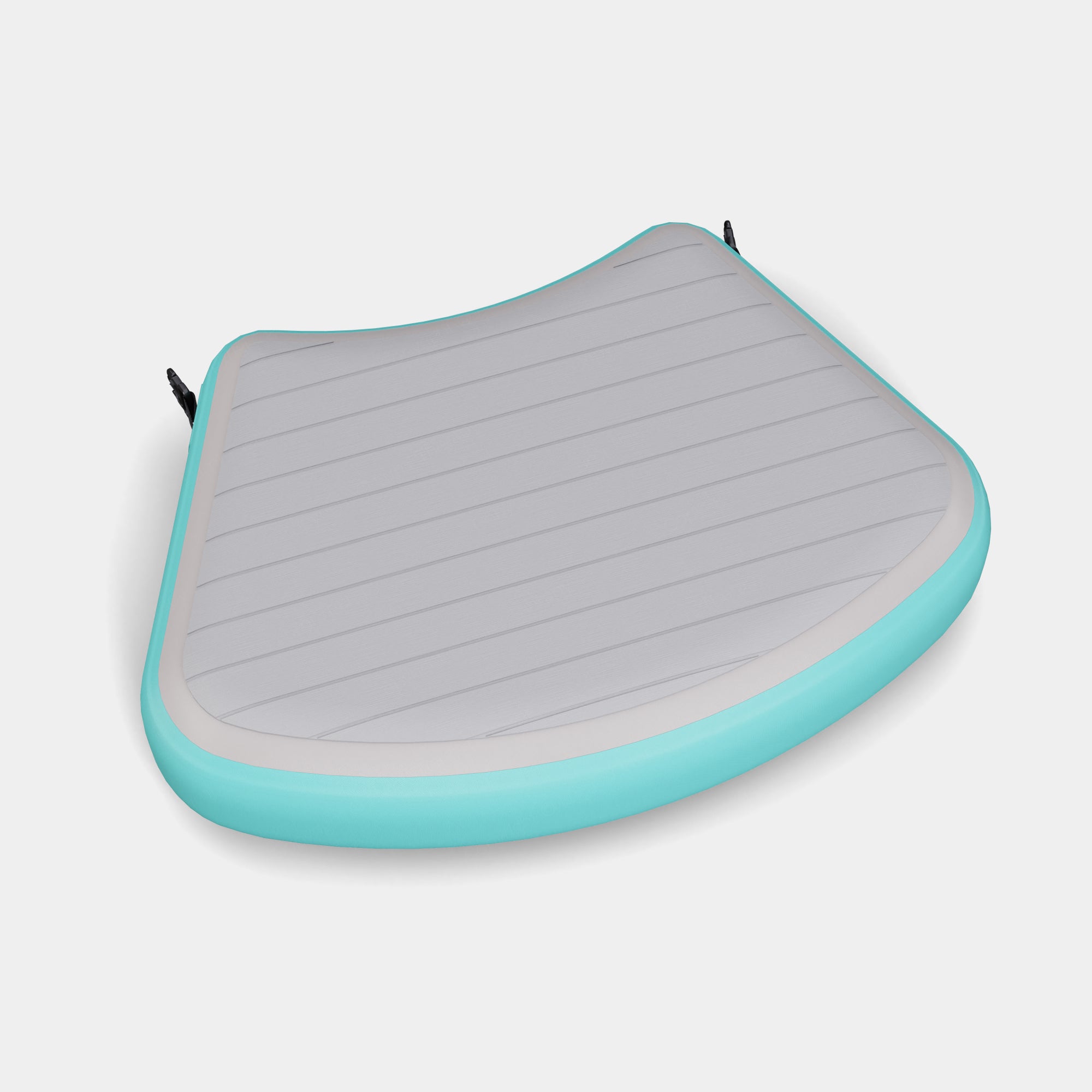 PRO Barrel Step: Inflatable non-slip platform with grey textured surface and turquoise border, designed for safe ice bath entry. Features ribbed grip pattern and curved ergonomic shape for stability and comfort.