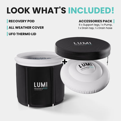 LUMI Pod Ice Bath complete set featuring black thermal-insulated recovery pod with UFO Thermo Lid, all-weather protective cover, and accessories pack including support legs, pump, and drain components, displayed on white background.