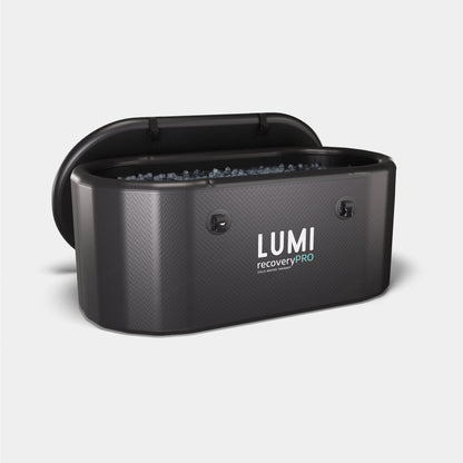 LUMI Recovery PRO Ice Bath shown in matte black finish with textured exterior, featuring rounded corners and branded logo. Professional-grade cold therapy tub with thermal cover and spacious design for optimal recovery benefits. Premium insulated construction visible in sleek, modern aesthetic.