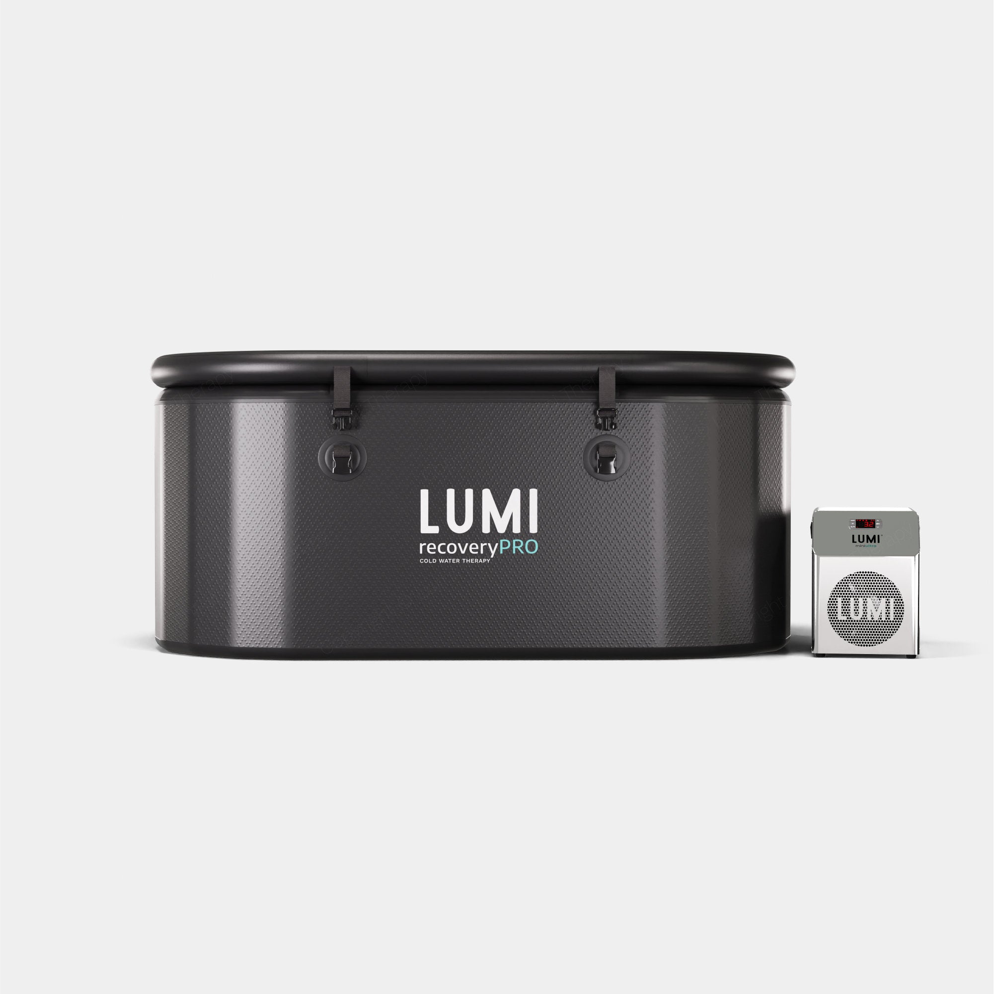 Recovery PRO Ice Bath with miniULTRA Chiller shown as a sleek, oval-shaped black tub with carbon fiber texture exterior, featuring the LUMI logo. The compact miniULTRA chiller unit is displayed beside the main bath, showcasing the complete cold therapy system.