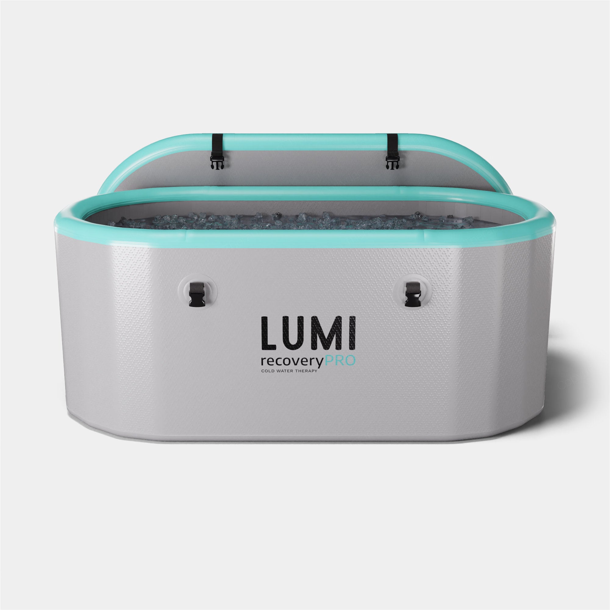 LUMI Recovery PRO Ice Bath featuring a sleek oval-shaped design with mint green trim and grey exterior. The portable cold therapy tub includes a dark-tinted cover and is filled with chilled water. The LUMI logo appears prominently on the front in black text against the grey surface.