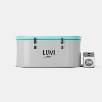 Recovery PRO Ice Bath with miniULTRA Chiller - Large oval-shaped ice bath in light gray with mint green lid and black clasps, shown alongside compact silver chiller unit with LUMI branding, against white background. Professional-grade cold therapy equipment for athletic recovery.