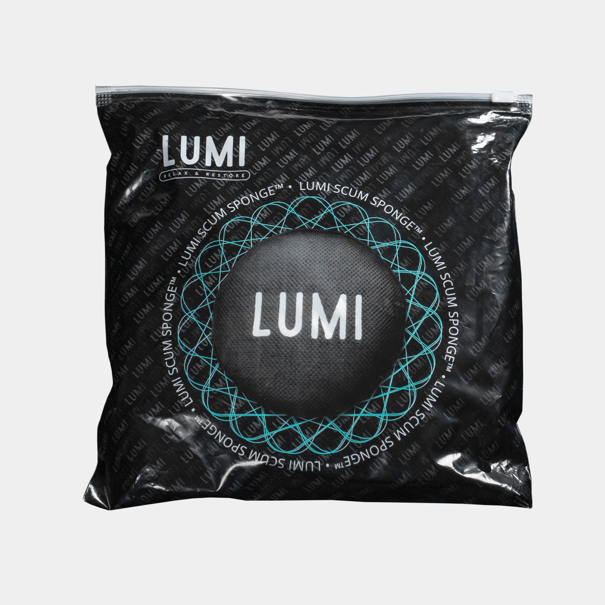 LUMI Scum Sponge packaging featuring a black sealed bag with the LUMI logo centered in a decorative turquoise circular pattern, surrounded by repeating brand text on a dark background