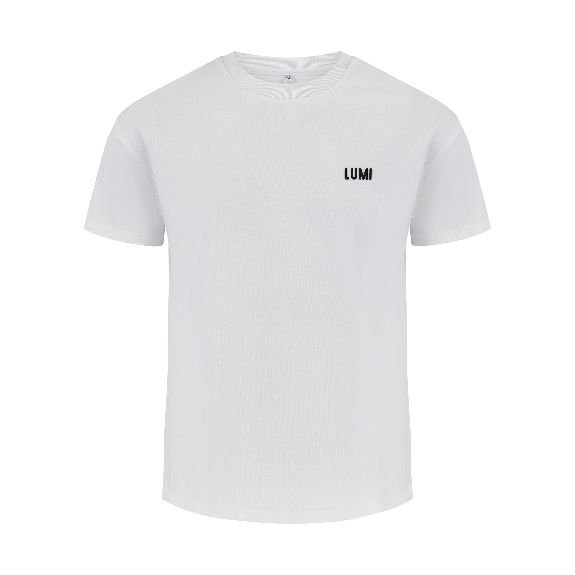 Women's LCC T-Shirt White: Classic fit heavyweight white cotton t-shirt featuring small LUMI logo on chest and LUMI Cold Club graphic on back, shown flat lay against white background, displaying premium quality fabric and minimalist design.