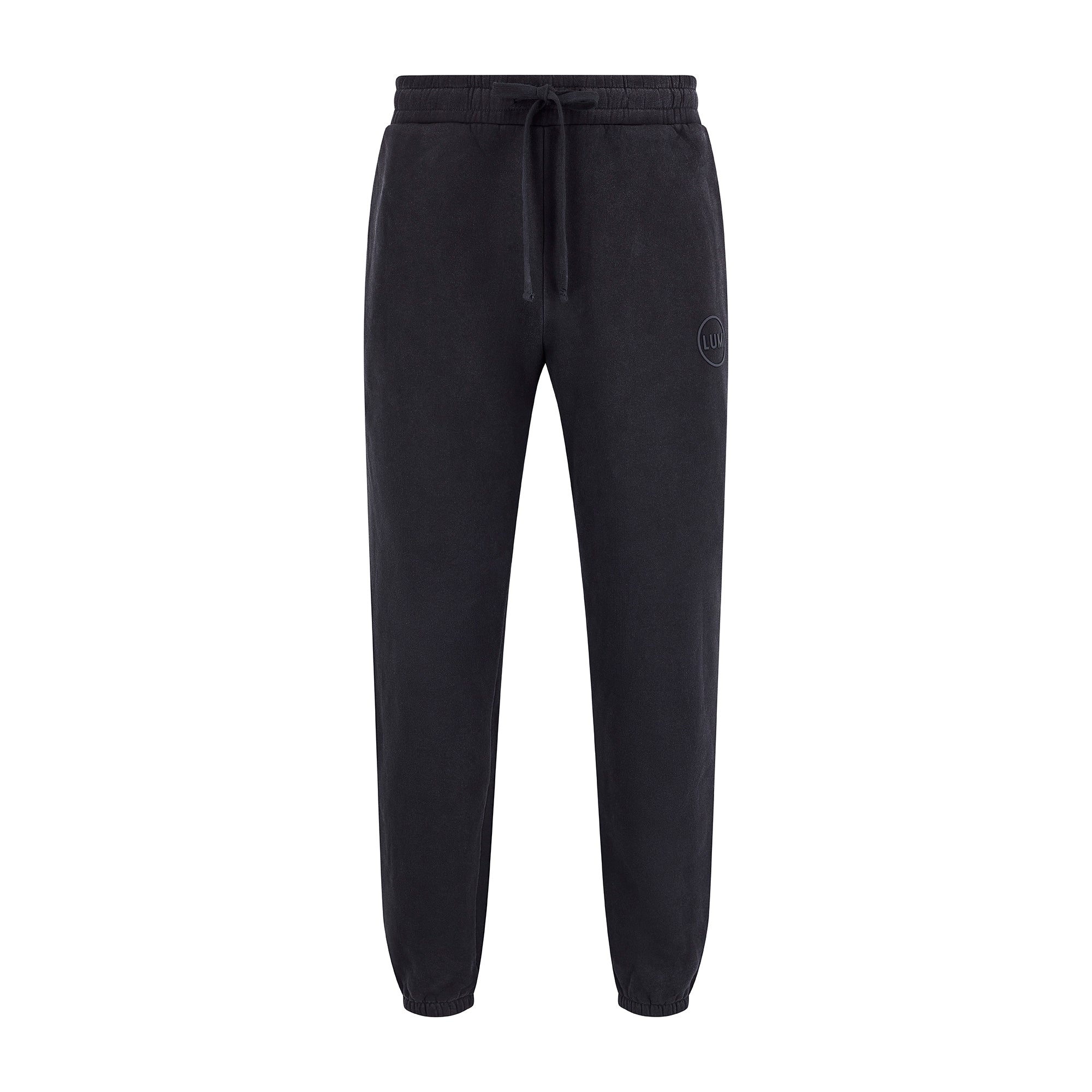 Women's LUX Sweatpants Black Wash featuring a relaxed-fit silhouette in premium black cotton-polyester blend, with elastic waistband, drawstring closure, cuffed ankles, and raised rubber logo detail, perfect for athletic and casual wear.