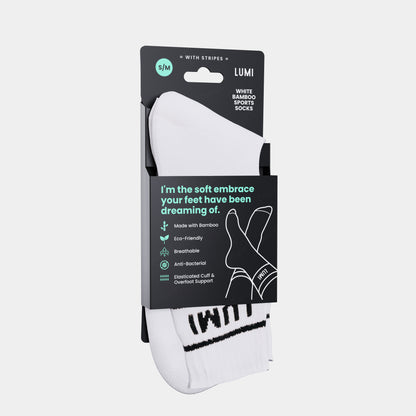 LUMI Pro Bamboo Socks with Stripes packaged in black retail box displaying white athletic sock with LUMI branding, featuring eco-friendly and anti-bacterial properties. Product packaging highlights bamboo material benefits with minimalist sock illustration and green text on dark background.