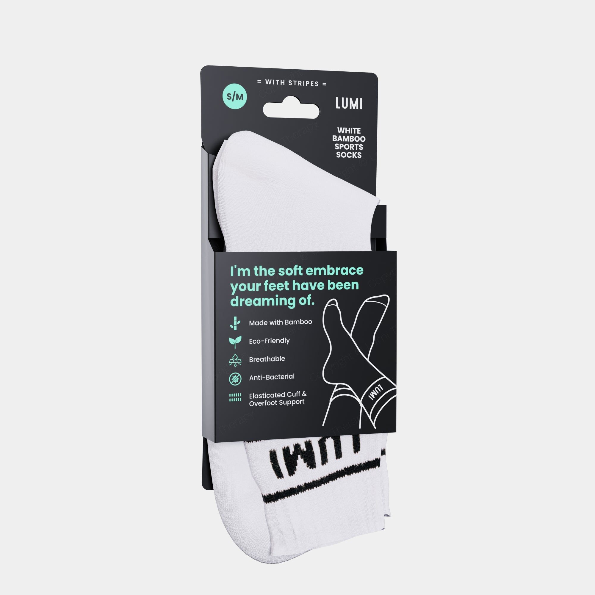 Pro Bamboo Socks with Stripes 4 Pack - White eco-friendly sports socks featuring LUMI branding and black stripes, displayed in retail packaging highlighting bamboo material benefits, anti-bacterial properties, and comfort features with minimalist sock illustration