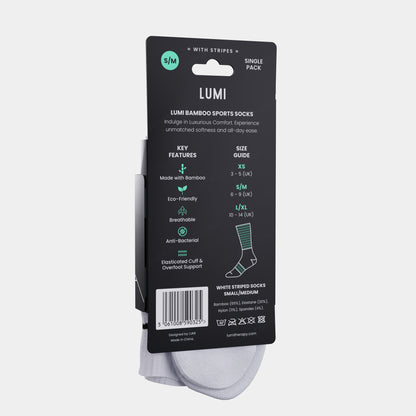 Pro Bamboo Socks with Stripes - LUMI eco-friendly sports socks product packaging showing size guide, key features including anti-bacterial properties, and a white striped sock sample. Black retail packaging with mint green accent and care instructions.