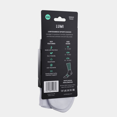 LUMI Pro Bamboo Socks packaging featuring product details and size guide on black card backing, with white athletic sock visible below. Key features highlight eco-friendly bamboo material, anti-bacterial properties, and comfort fit specifications.