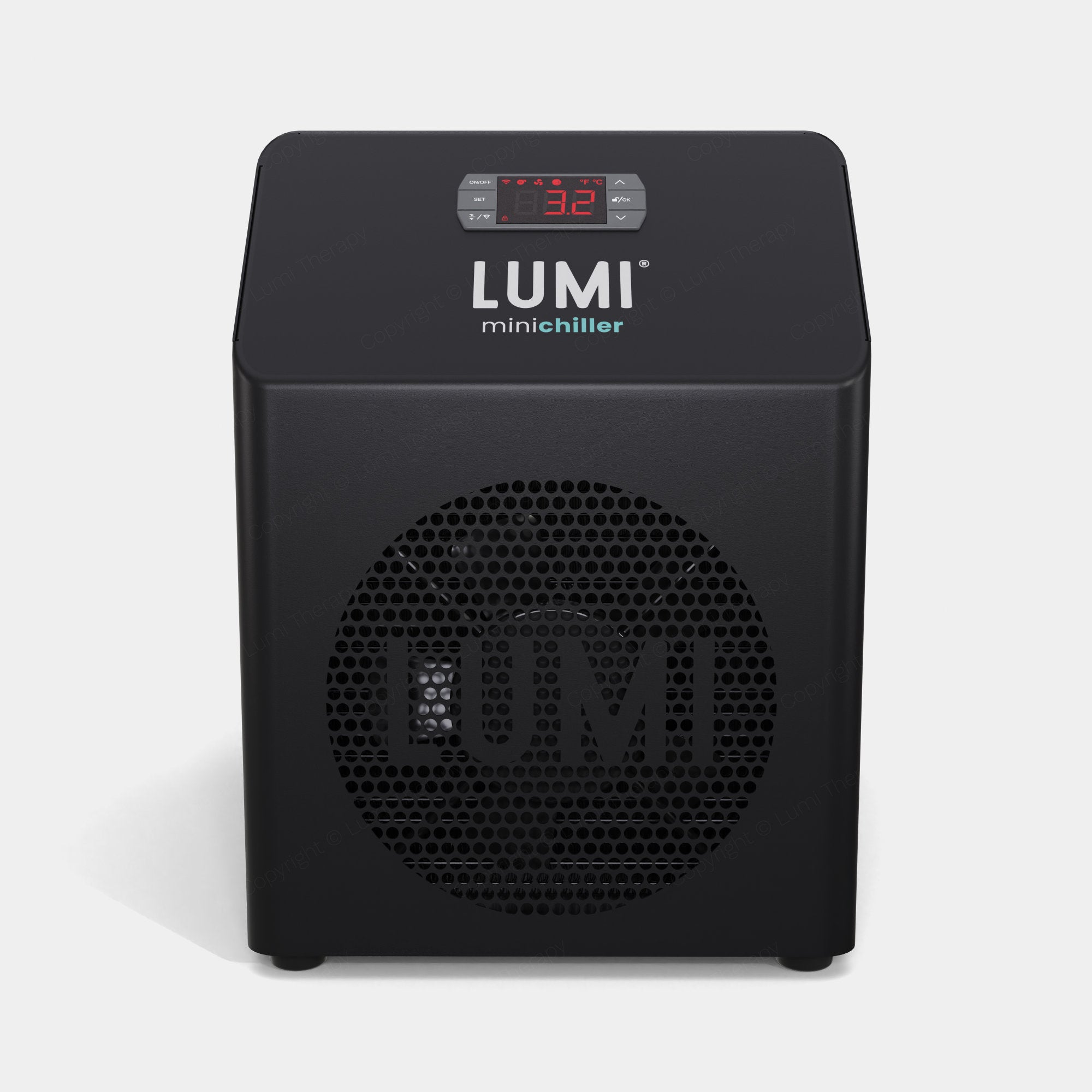LUMI minichiller NL - PRO Warranty black cooling device with digital temperature display and honeycomb ventilation grid featuring LUMI logo, compact professional-grade temperature control unit