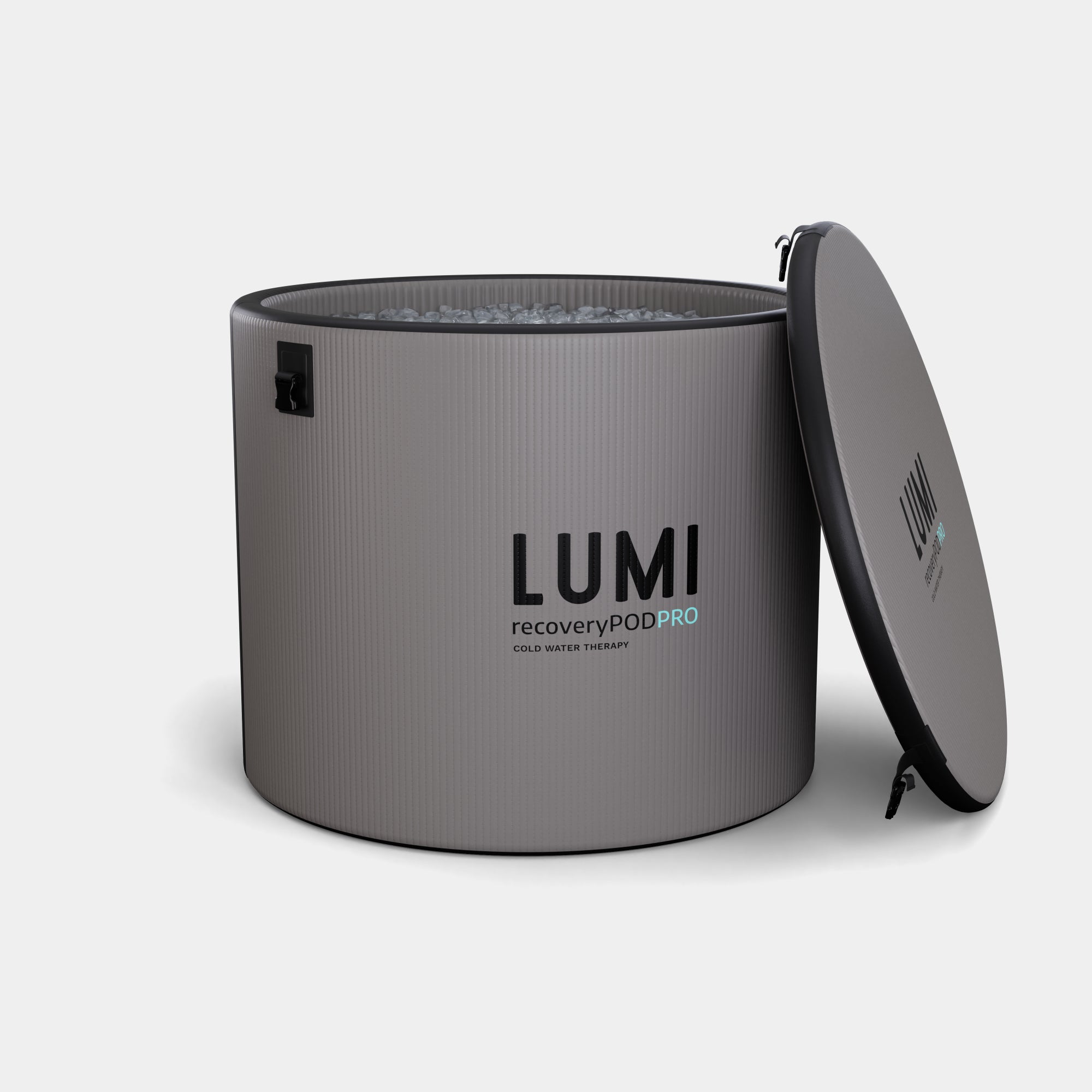 LUMI Master Ice Bundle featuring the Recovery Pod PRO, a premium grey cylindrical ice bath with textured exterior and removable black lid, designed for professional cold water therapy and athletic recovery