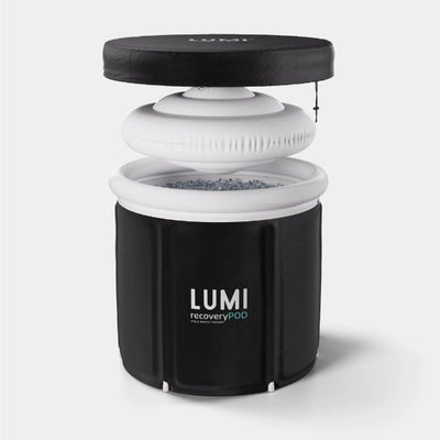 LUMI Pod + Rolltop Dry Bag + Ultra Cover bundle showing collapsible ice bath with cover lifted and ice inside