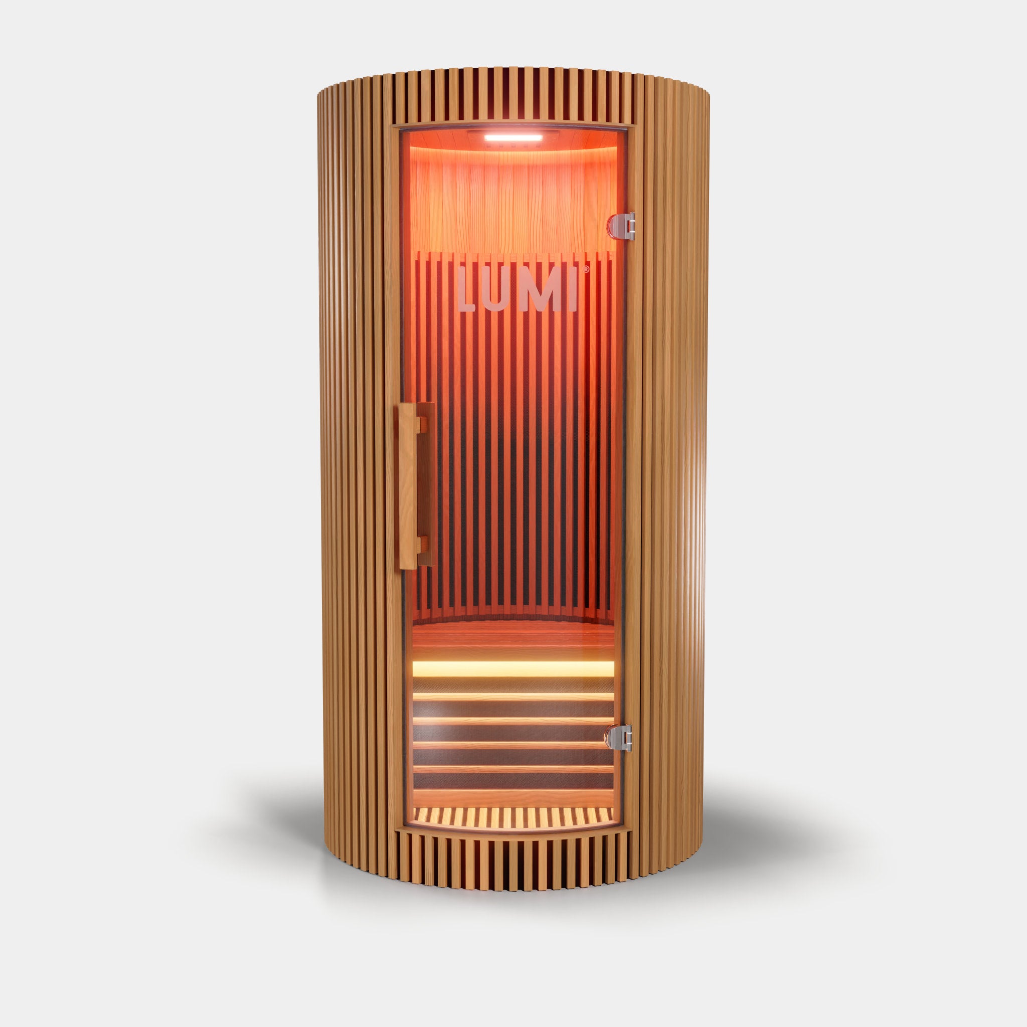 LUMI Sauna PRO, a modern cylindrical infrared sauna with premium Hemlock wood slats, featuring a curved glass door and glowing red interior lighting, showcasing Scandinavian design with warm ambient illumination against a white background