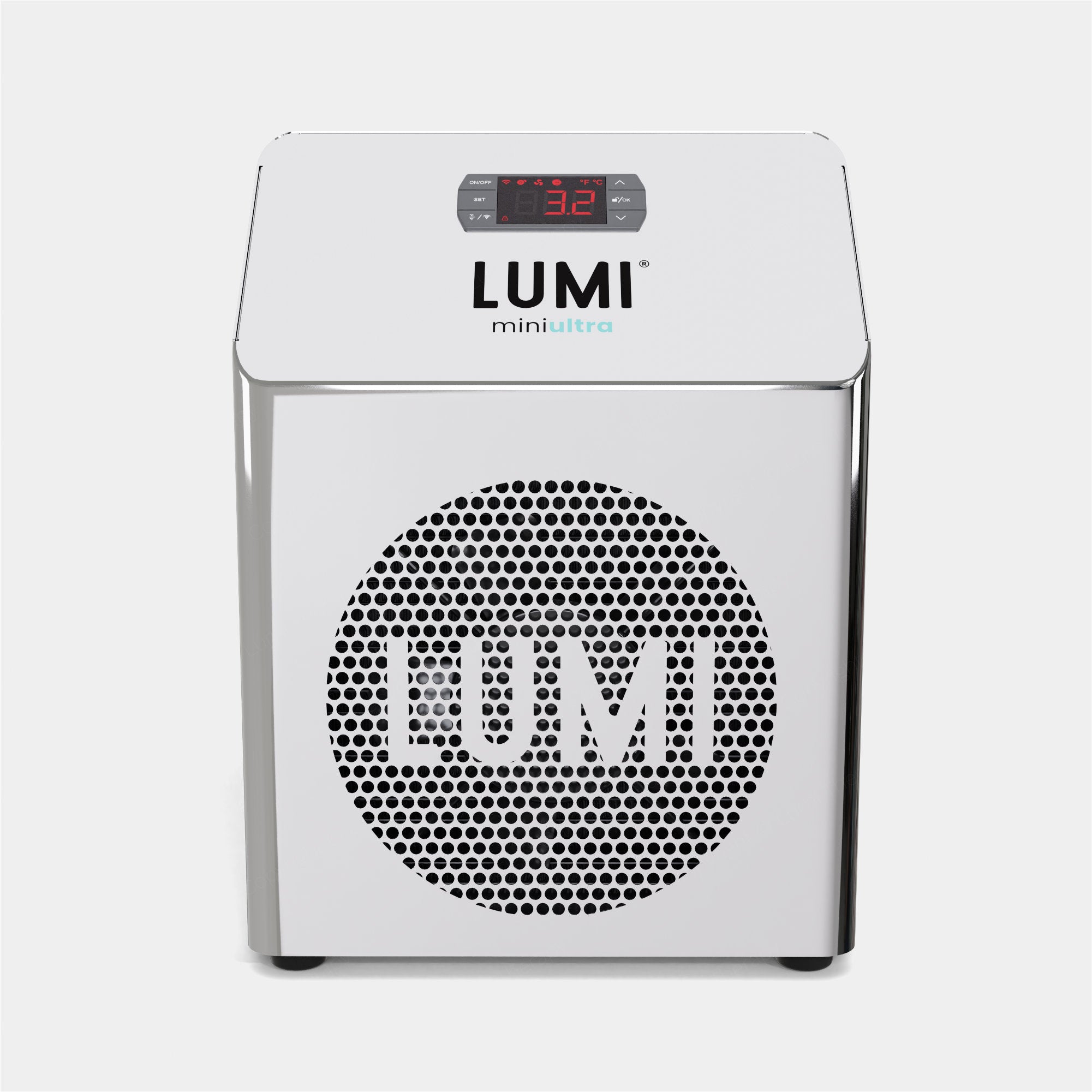 LUMI miniULTRA Refurbished Chiller unit with sleek mirror-finish metal housing, digital temperature display, and circular ventilation grid featuring LUMI logo. Compact ice bath cooling system designed for home recovery therapy.