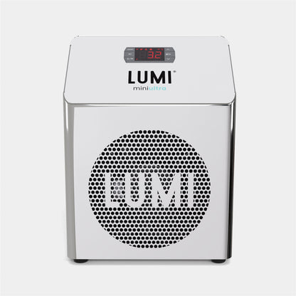 LUMI Recovery PRO Ice Bath with miniULTRA Chiller unit shown in sleek white design, featuring digital temperature display and perforated circular front panel with LUMI logo. Compact and modern cooling system for professional cold therapy treatment.