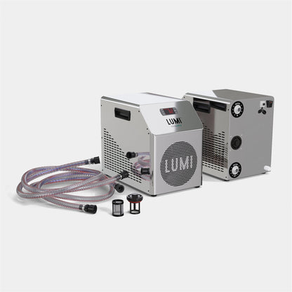 Refurbished miniULTRA Chiller unit with polished metal finish, shown with braided connection hoses and water filters. Compact ice bath cooling system featuring LUMI branding and digital display, photographed against white background.