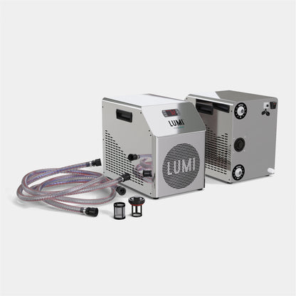 Recovery PRO Ice Bath with miniULTRA Chiller unit shown in sleek silver finish, featuring two cooling components connected by braided hoses, with integrated particle filters. Professional-grade cold therapy system displayed on light background.