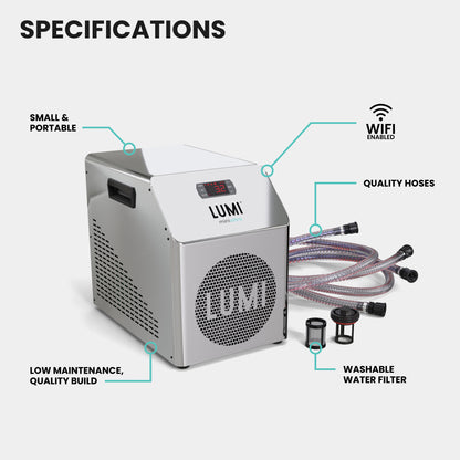 LUMI Recovery PRO Ice Bath miniULTRA Chiller specifications diagram showing compact design with WiFi enabled feature, quality braided hoses, washable water filter, and low-maintenance construction in sleek silver finish